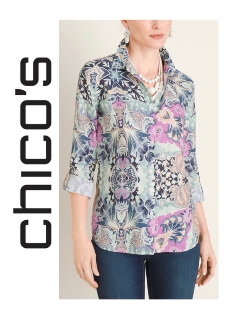 CHICO’S 100% linen Floral Blouse Size Small